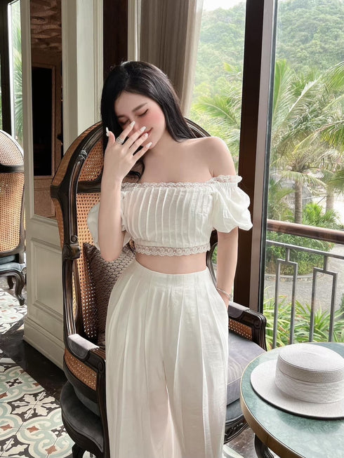 Two Piece Cropped Puff Sleeve Top with Trouser